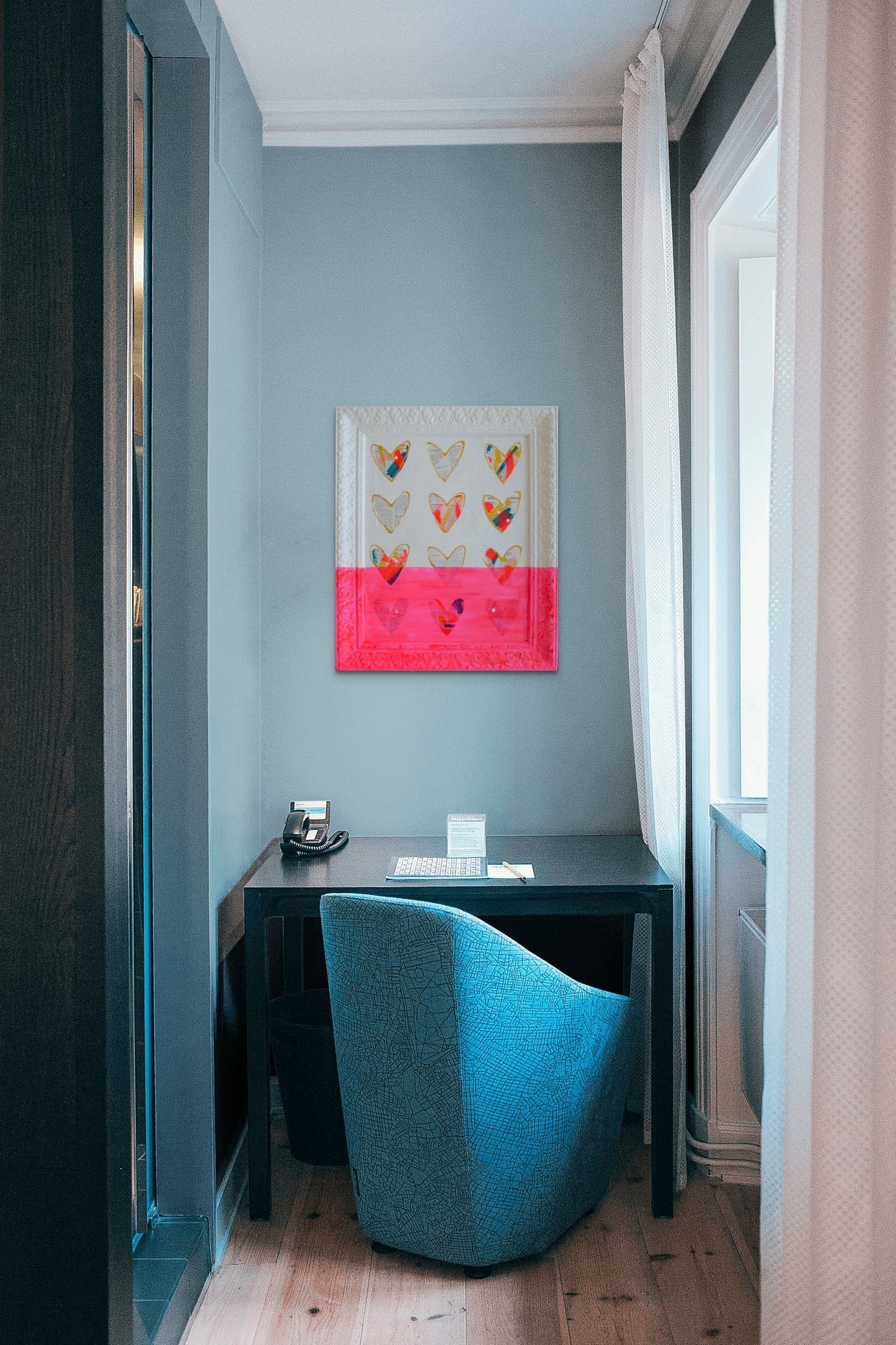 FUN DIP. Original mixed media on wood board with painted frame from Bridget Edwards Studio. Vintage Cookbook and Hearts. Hanging on Blue Wall with desk and blue chair.