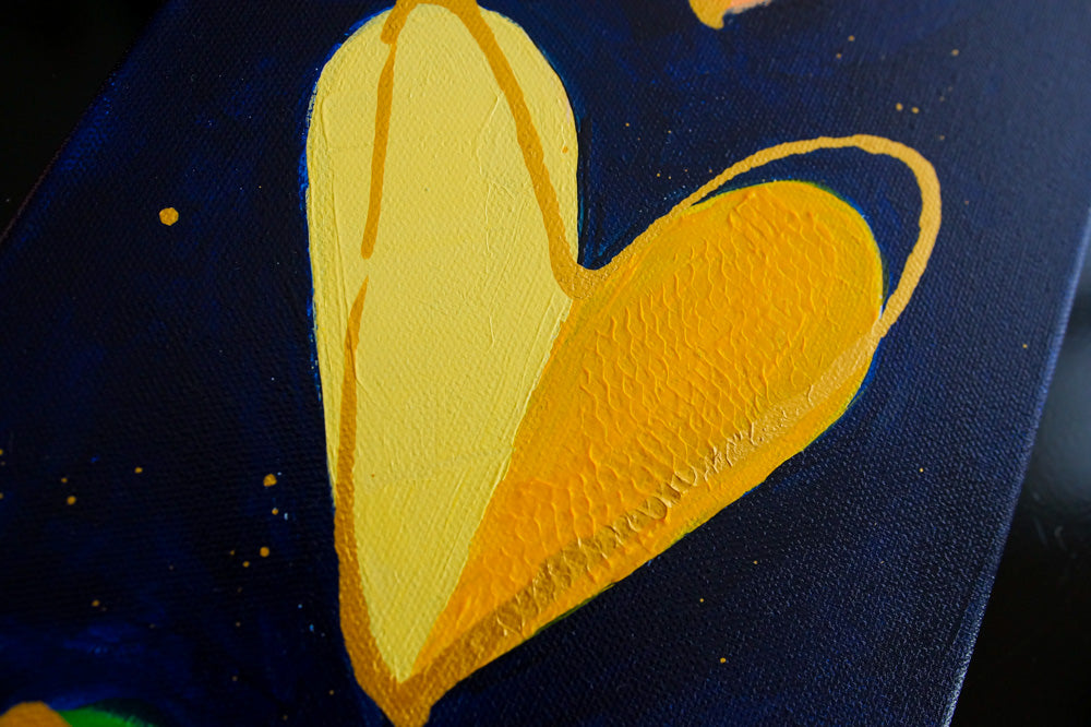 close up of texture on AFTER HOURS. Original painting on canvas with hearts from Bridget Edwards Studio.