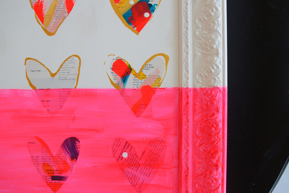 close up of FUN DIP. Original mixed media on wood board with painted frame from Bridget Edwards Studio. Vintage Cookbook and Hearts.