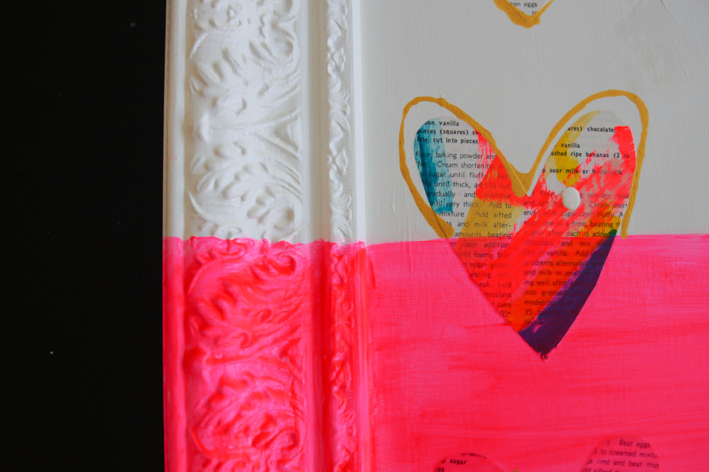 close up of FUN DIP. Original mixed media on wood board with painted frame from Bridget Edwards Studio. Vintage Cookbook and Hearts.