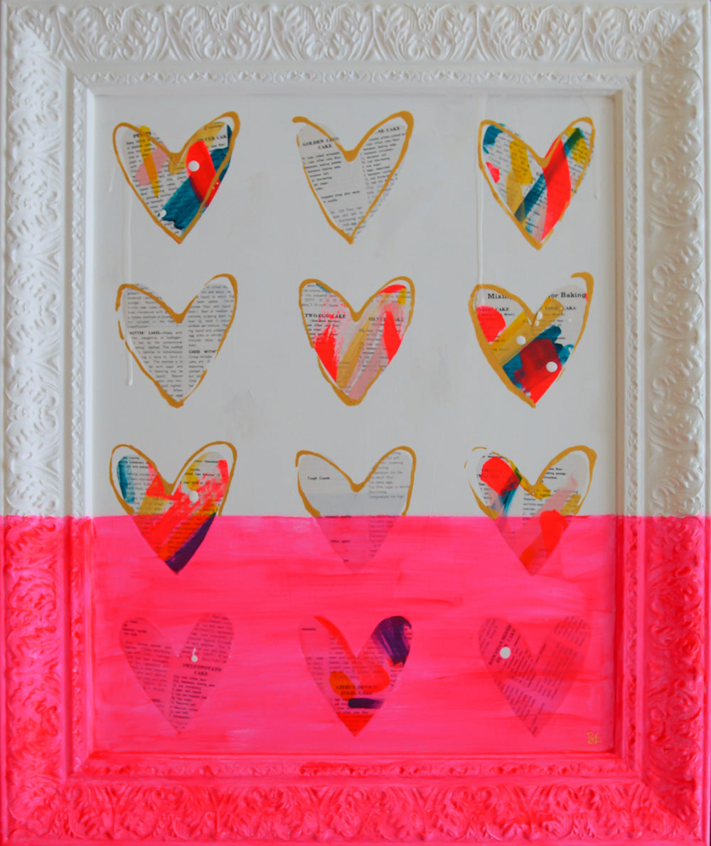 FUN DIP. Original mixed media on wood board with painted frame from Bridget Edwards Studio. Vintage Cookbook and Hearts.