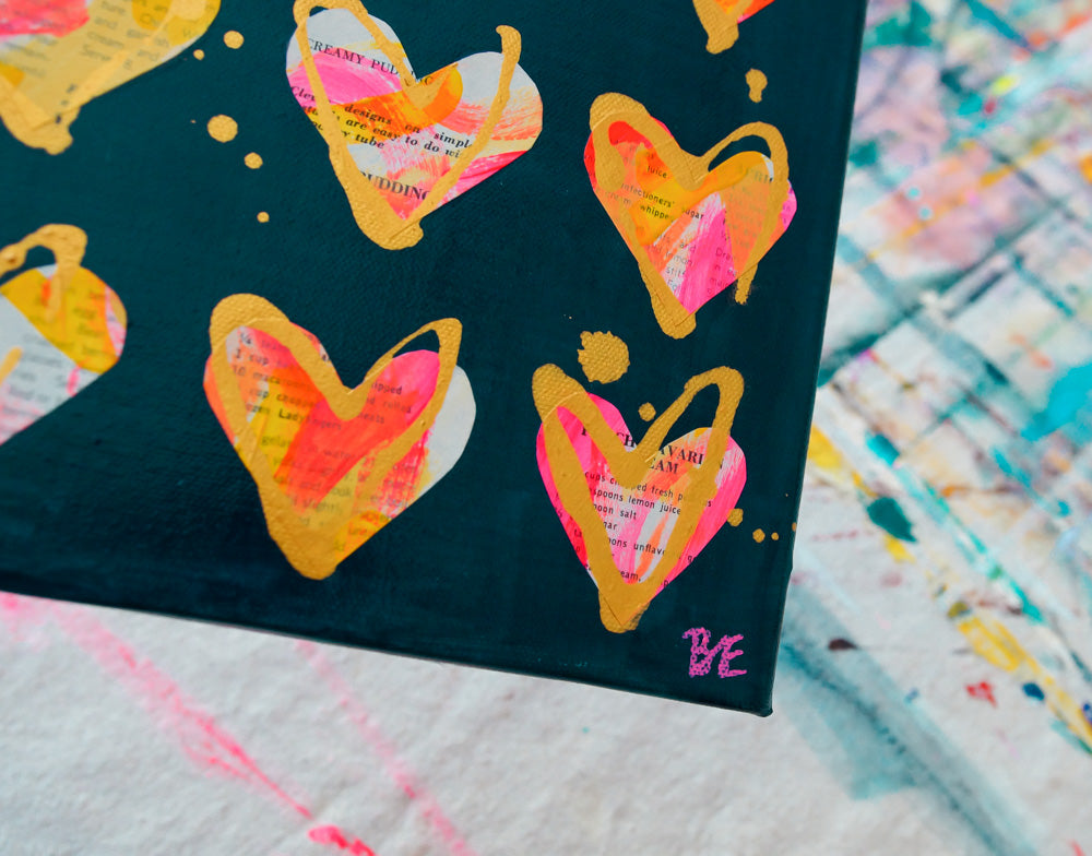 Close up of Maraschino Delight: Original Mixed Media Artwork with Vintage Cookbook and Hearts from Bridget Edwards Studio