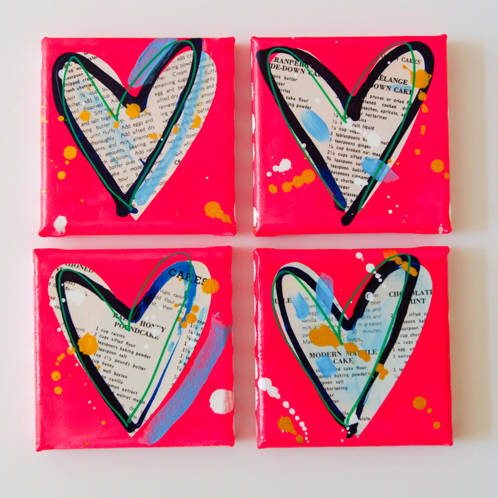 PINK VELVET CAKE. Set of 4 original mixed media on canvas. from Bridget Edwards Studio. Hanging as a group on white wall.