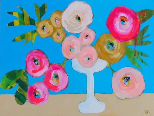 Colorful floral arrangement with a white vase on a blue background