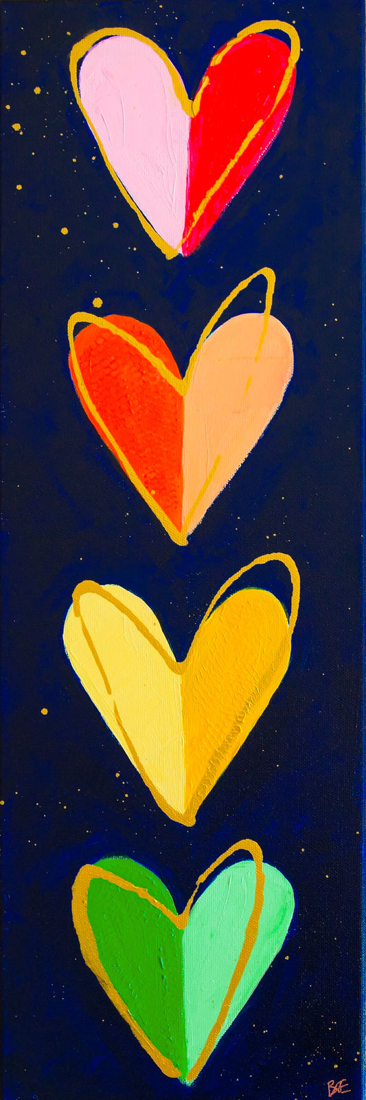 AFTER HOURS. Original painting on canvas with hearts from Bridget Edwards Studio. Narrow painting, art for a narrow wall space.