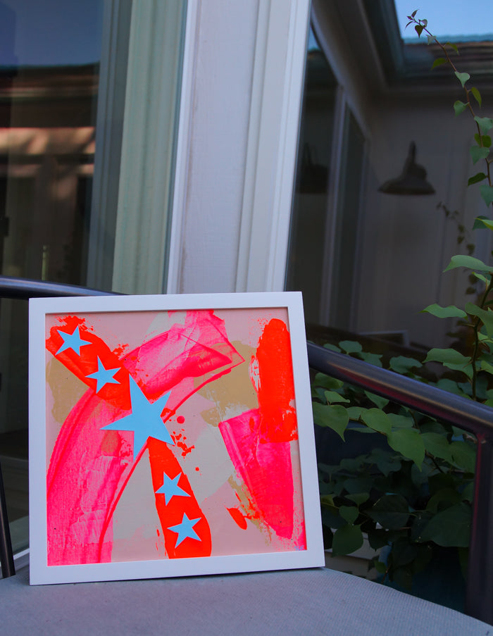 Color Study with Stars: Fluorescent Red + Pink (framed)