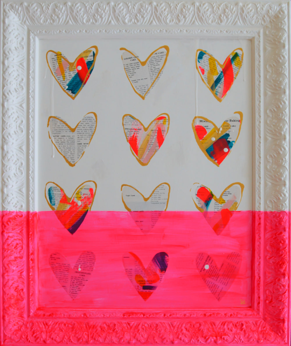 FUN DIP. Original mixed media on wood board with painted frame from Bridget Edwards Studio. Vintage Cookbook and Hearts. 