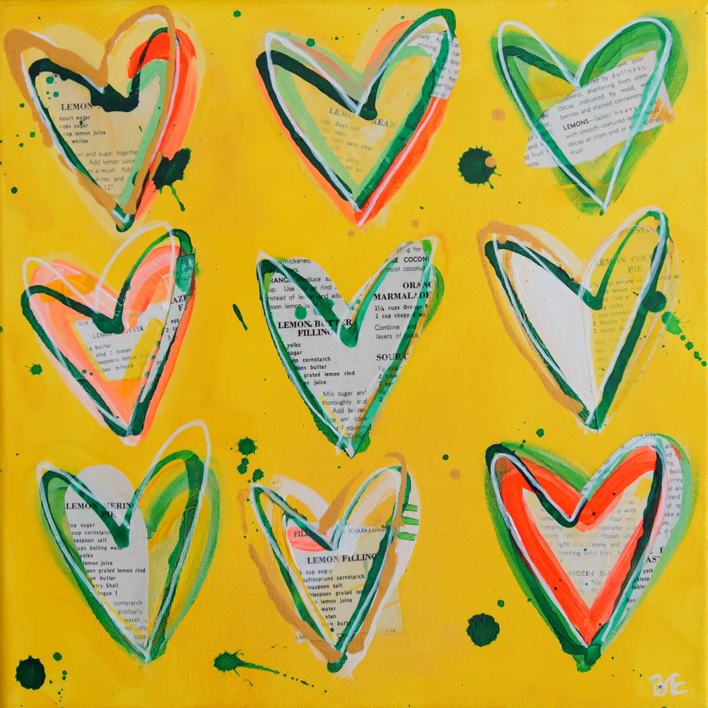 LEMON TREE. Original mixed media on canvas with vintage cookbook and hearts. Yellow, Square.