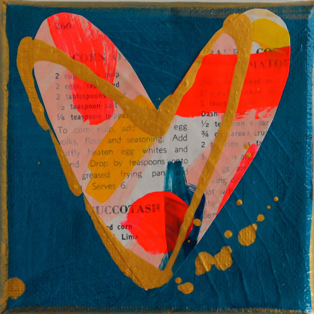 MENU. Set of 4 original mini mixed media on canvas with vintage cookbook and hearts from Bridget Edwards Studio.