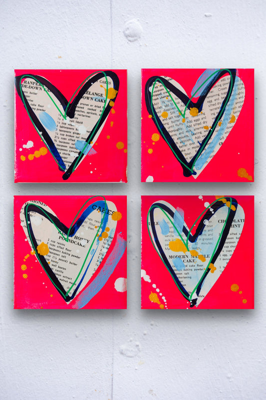 PINK VELVET CAKE. Set of 4 original mixed media on canvas. from Bridget Edwards Studio. Hanging as a group on a textured wall.