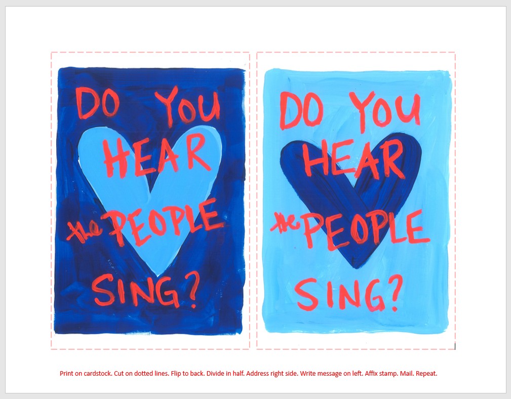 printable postcards "do you hear the people sing" with hearts, two colorways