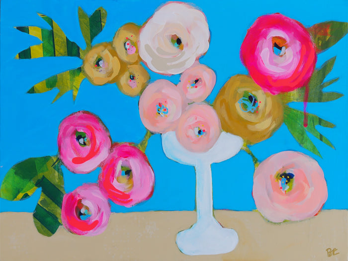 Colorful floral arrangement with a white vase on a blue background