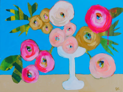 Colorful floral arrangement with a white vase on a blue background
